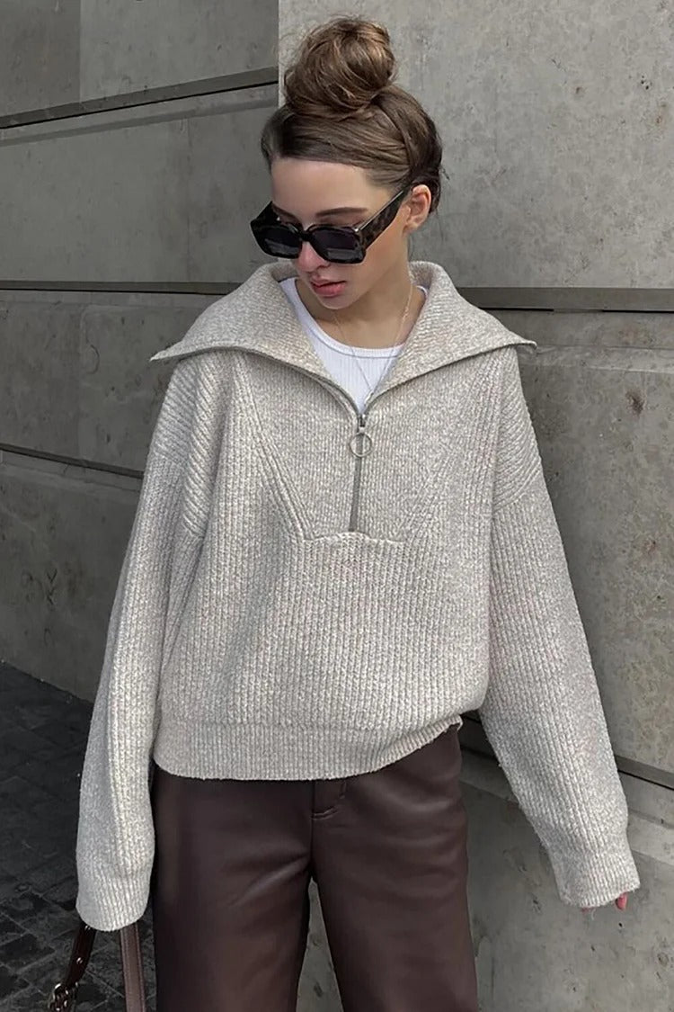 Gray Zipper Collar Knit Loose Fit Sweater - Emily