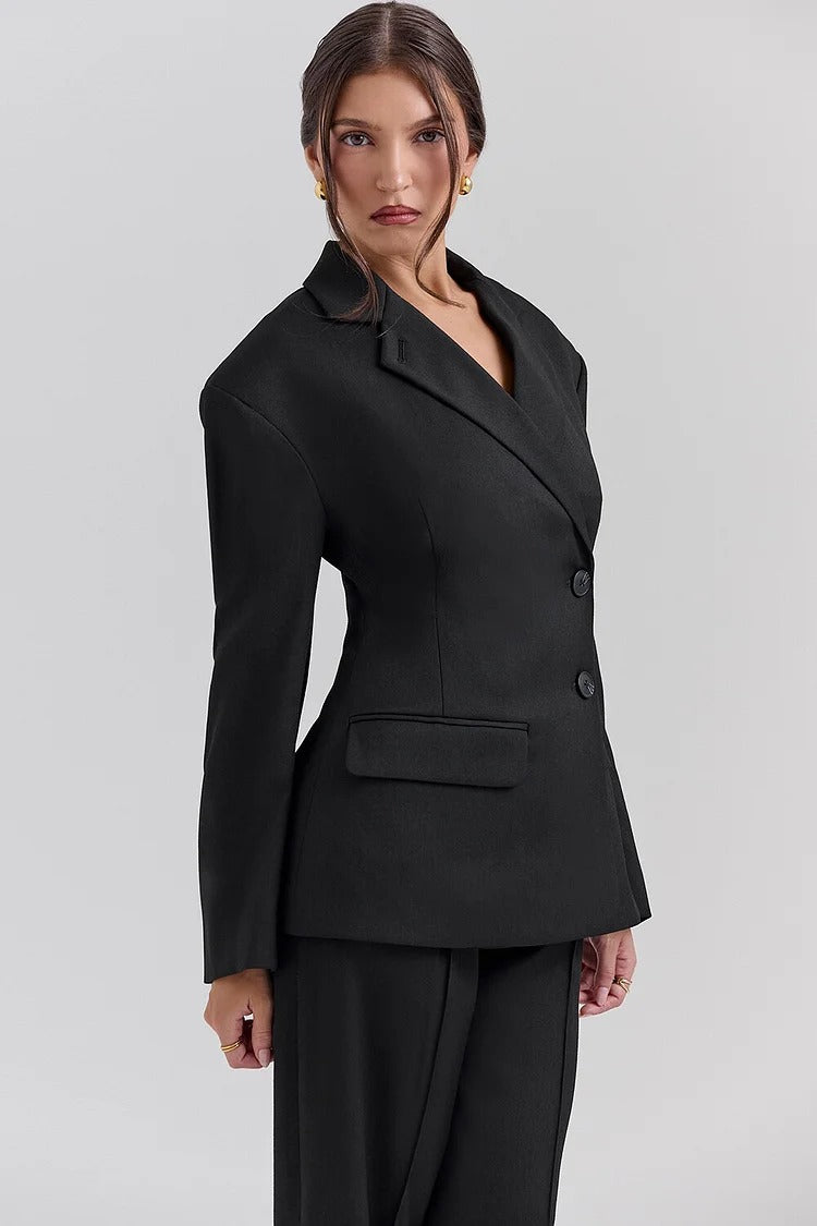 Black Cinched Waist Blazer Set - Olivia