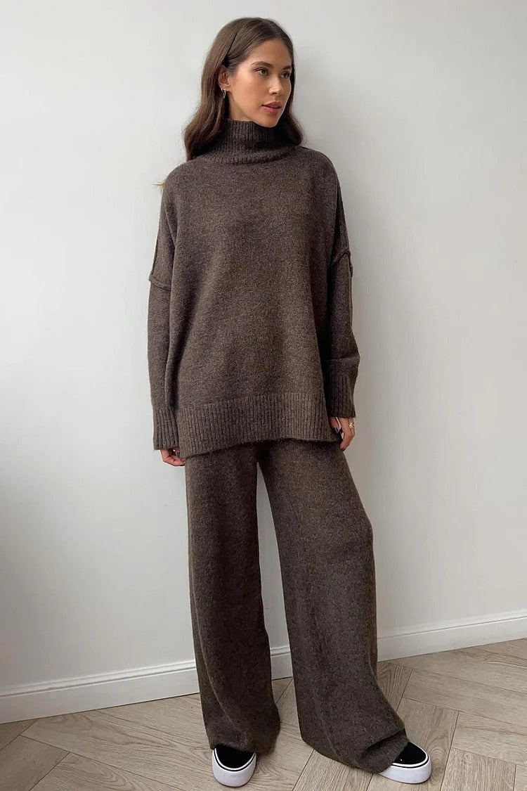 Gray Knit High Collar Sweater & Wide-Leg Pants Set - Lila