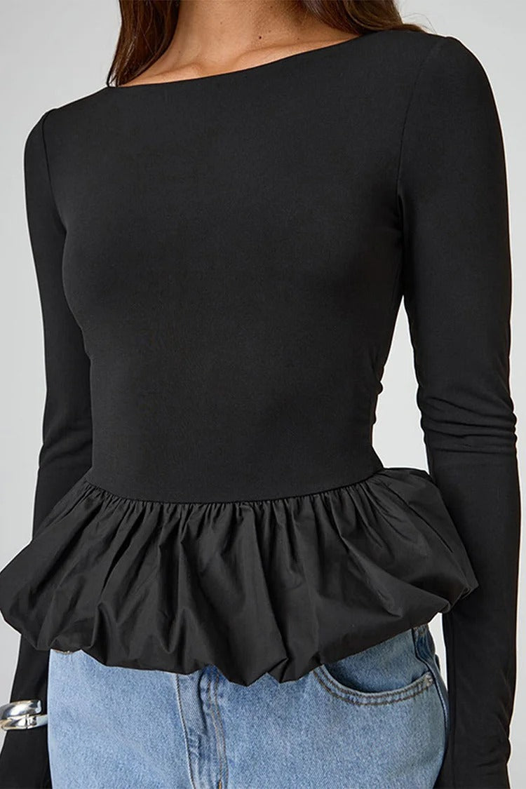 Black Ruffled Slim Fit Top - Ava