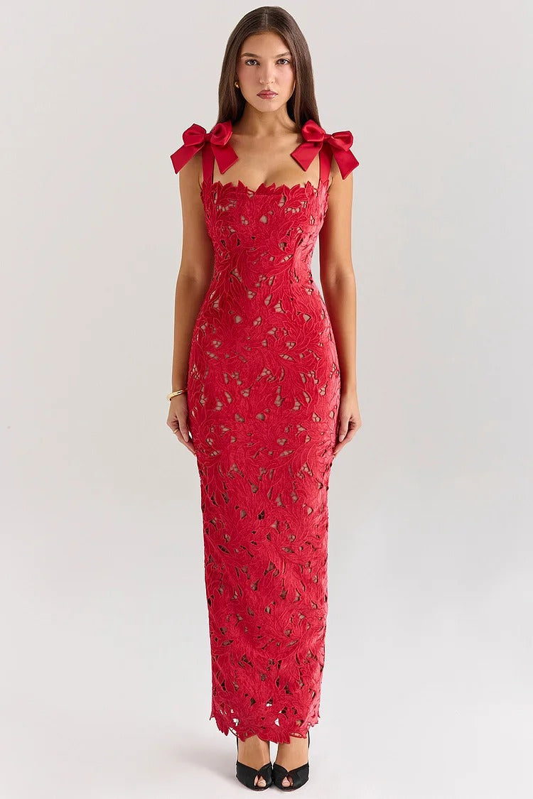Red Floral Lace Velvet Gown - Emilia