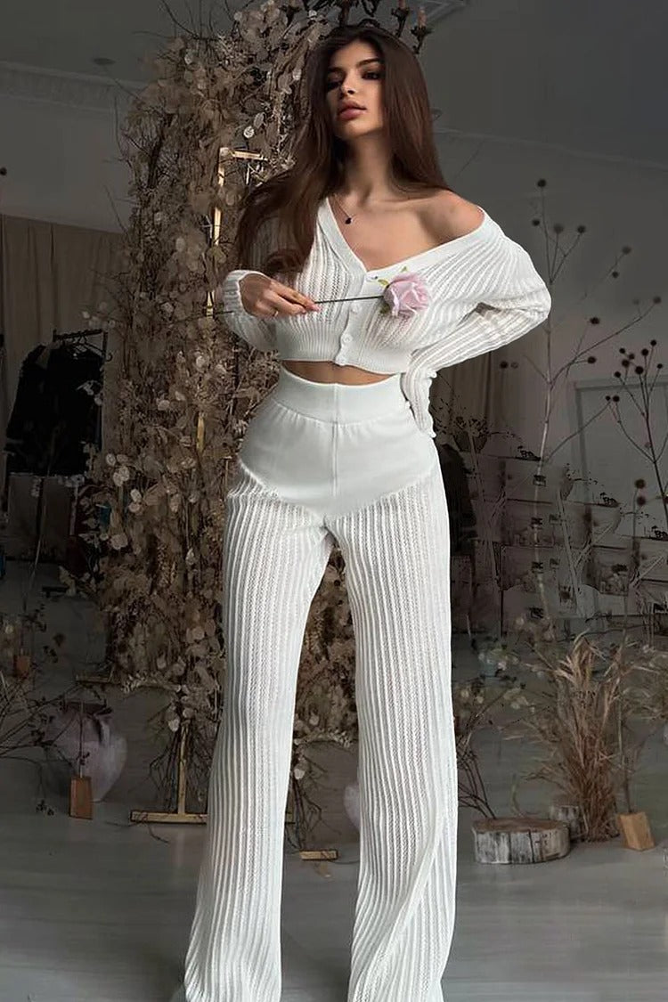 White Pleated Knit V-Neck Crop Sweater & High-Waist Pants Set - Isla