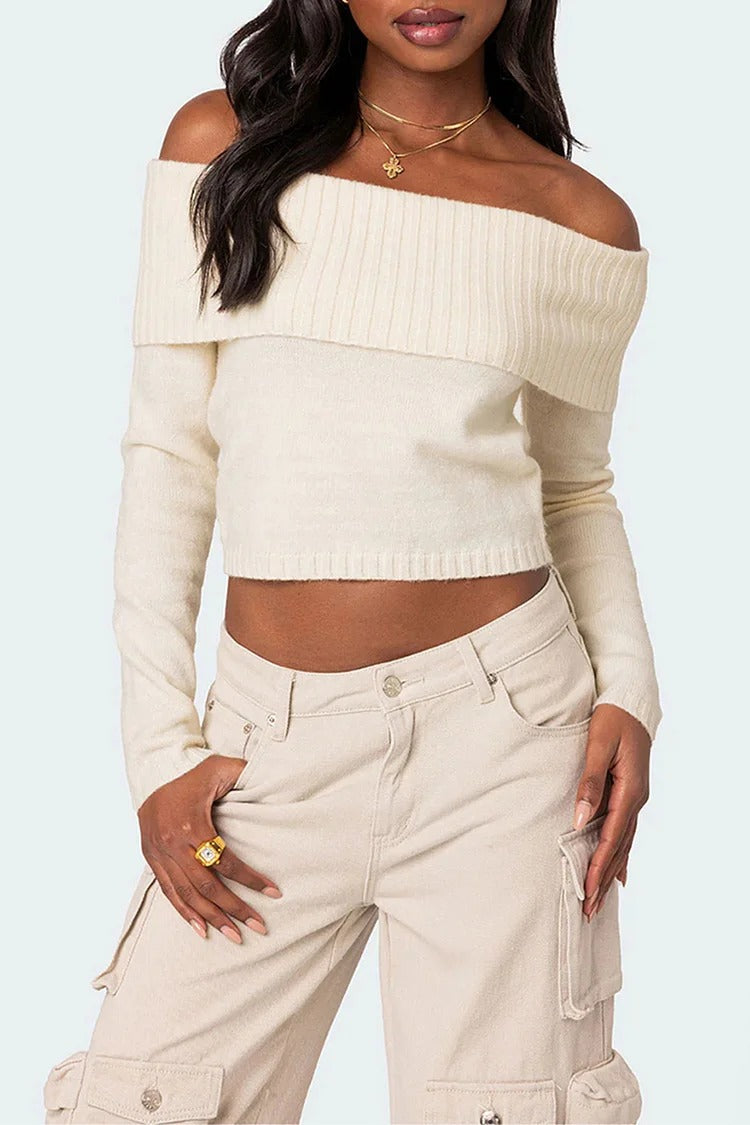 Navy Off Shoulder Knit Crop - Isla
