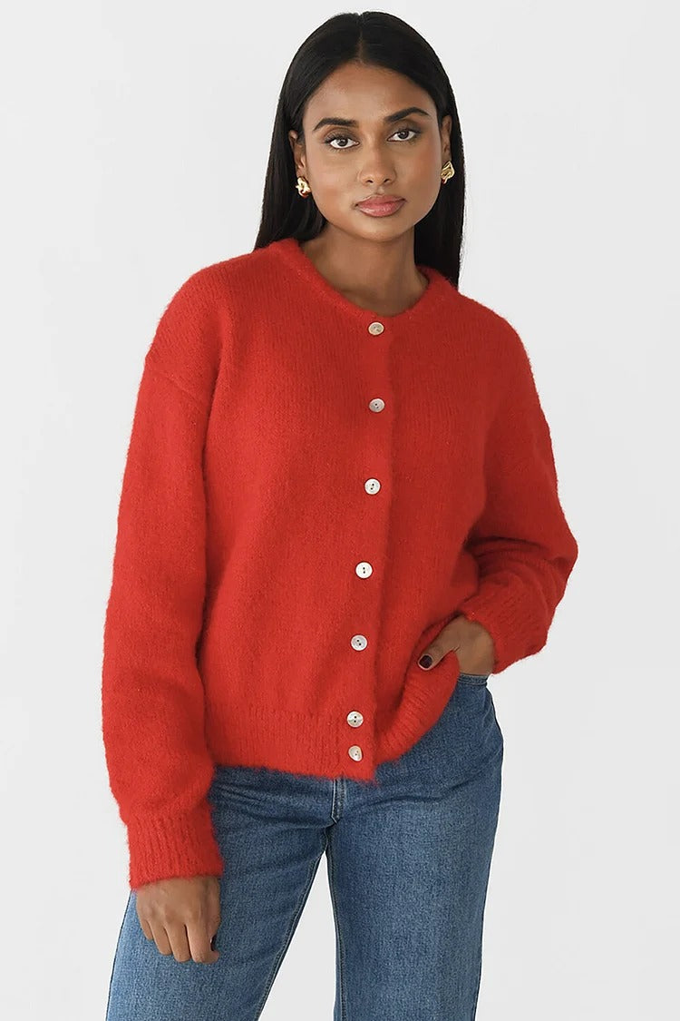 White Knit Round Neck Button-Up Cardigan - Lily