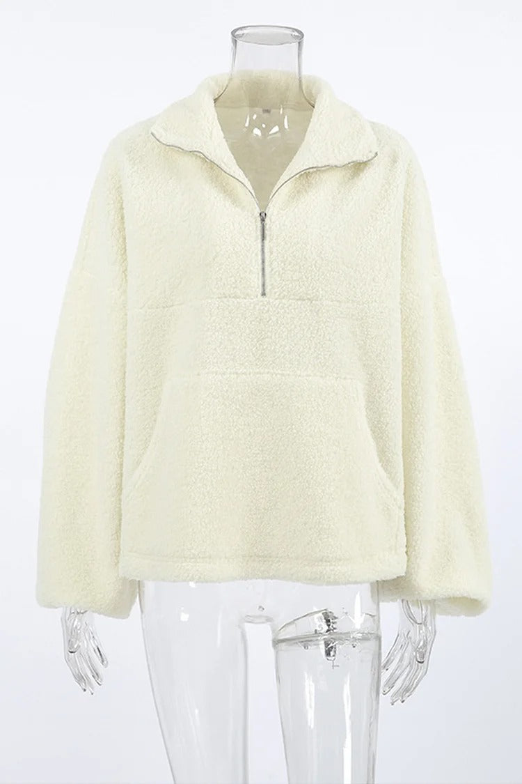 Beige Half-Zip Turndown Collar Fuzzy Top with Pockets - Amelia