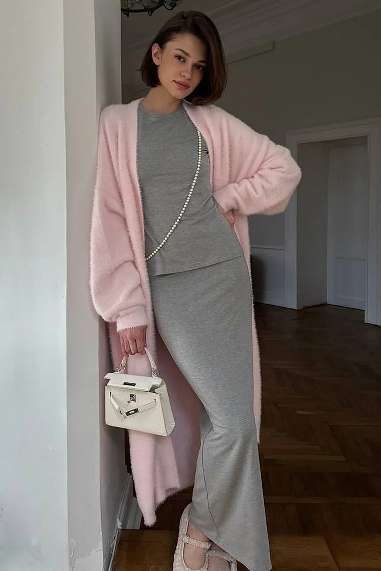 Pink Fuzzy Lantern Sleeve Cardigan - Amara