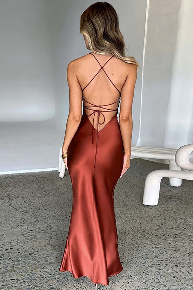 Red Satin Lace-Up Maxi Dress - Isabella