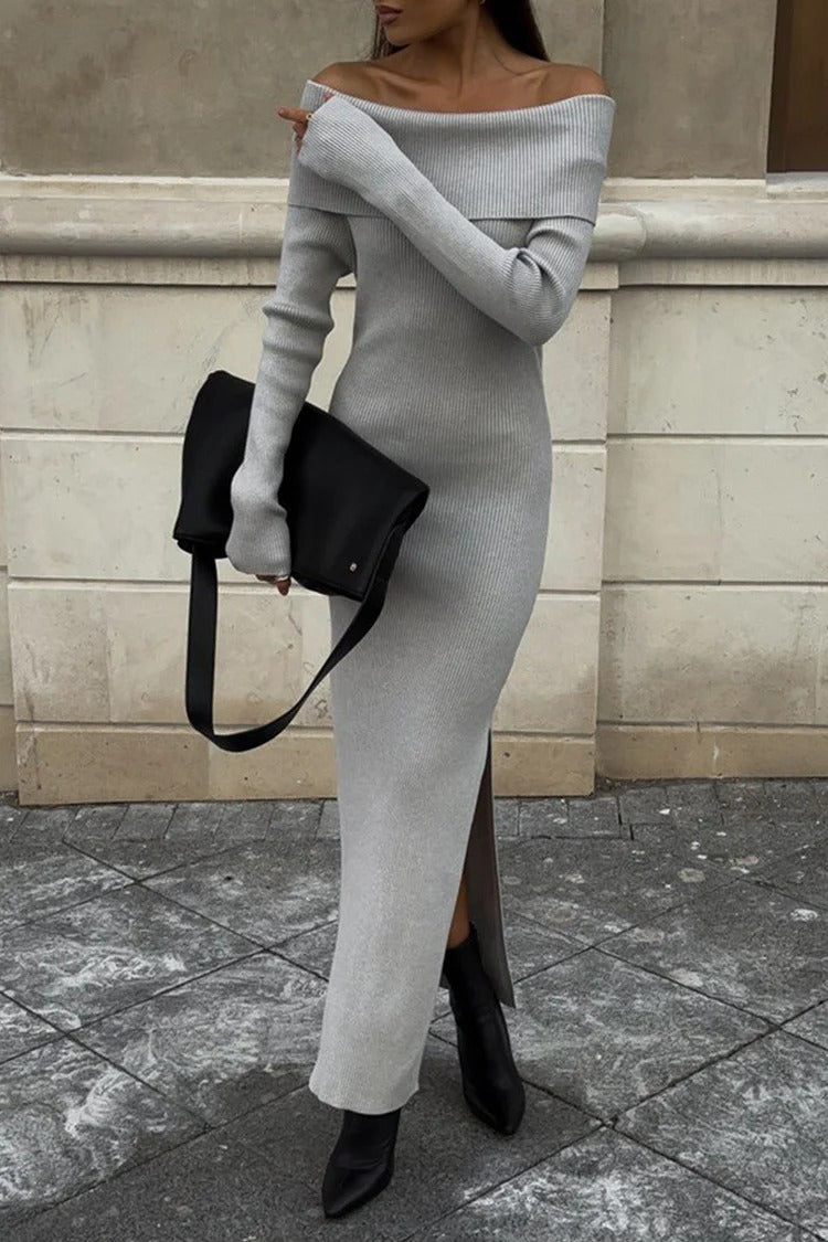Gray Off Shoulder Slit Sweater Knit Maxi Dress - Isabella