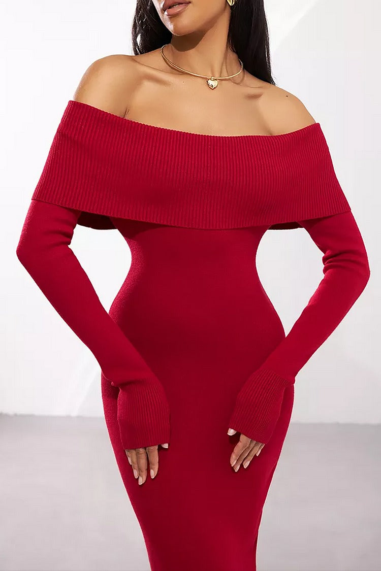 Red Knit Off Shoulder Long Sleeve Sweater Dress - Sophia