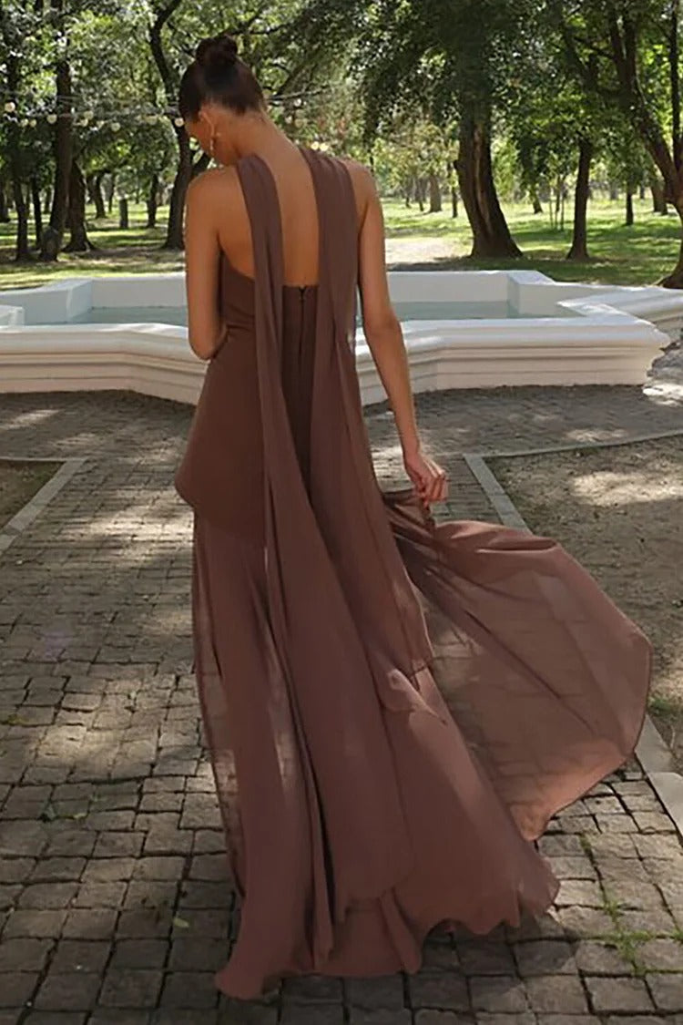 Brown Chiffon Slit Hem Strapless Maxi Dress - Sophia