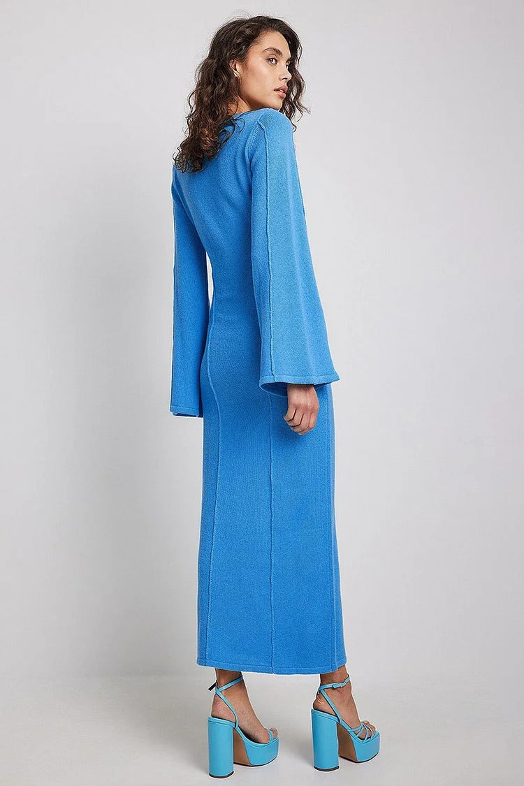 Blue Knit Round Neck Wide Sleeve Slit Sweater Maxi Dress - Olivia
