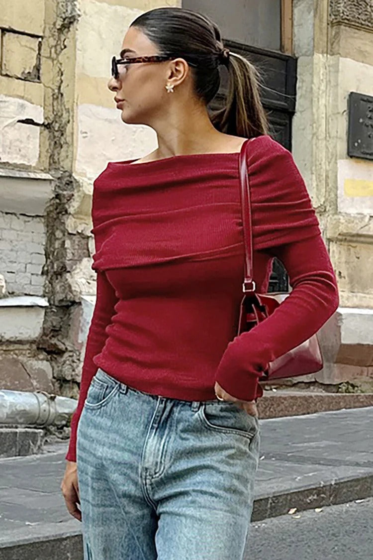 Red Fold-Over Boat Neck Knit Sweater - Clara