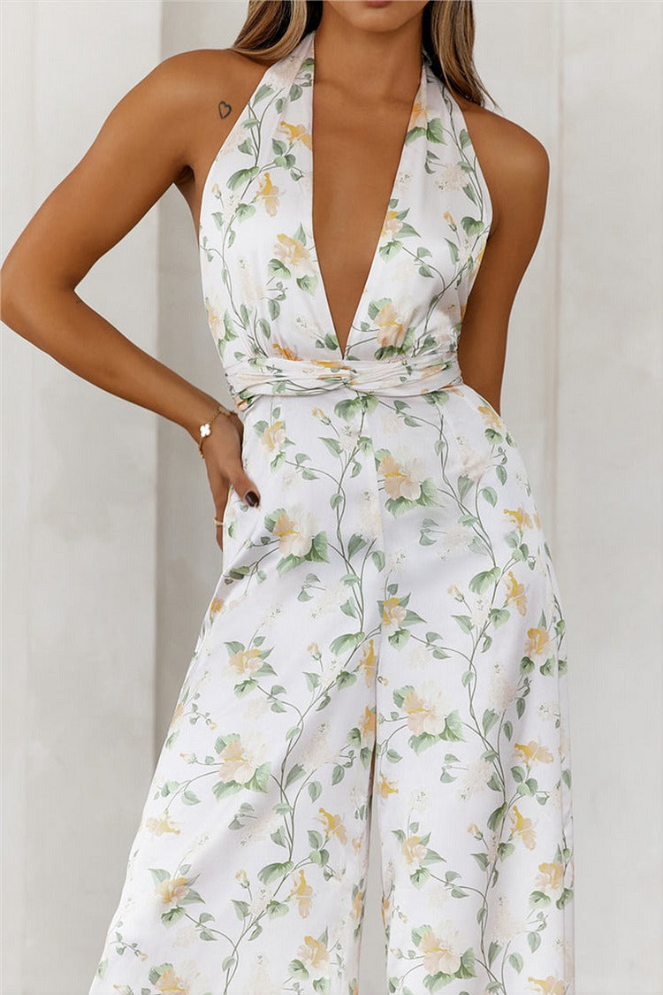 White Floral Halter Jumpsuit - Lily