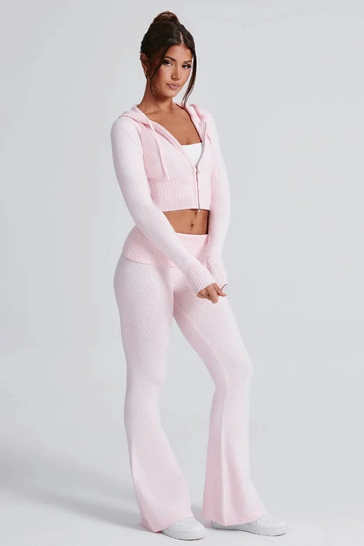 Pink Hooded Knit Crop Set - Ava