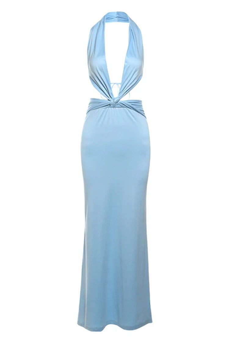 Blue Twisted Knot Halter Maxi Dress - Sophia