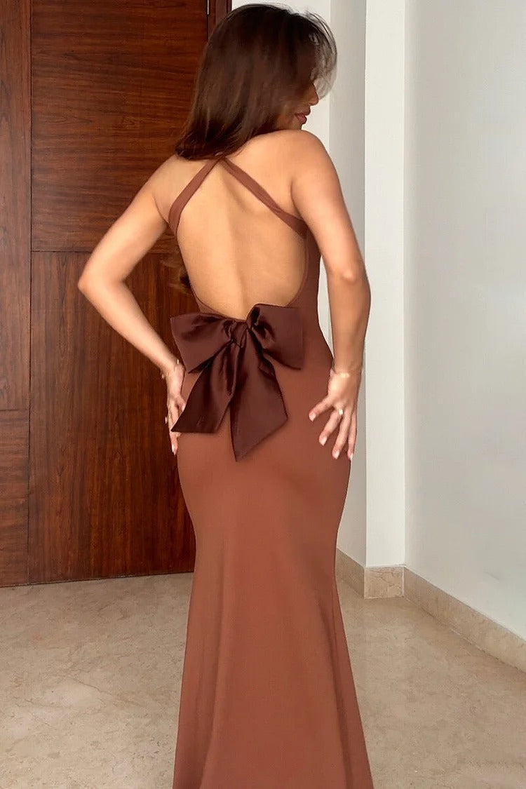 Brown Back Bow Bodycon Maxi Dress - Ava