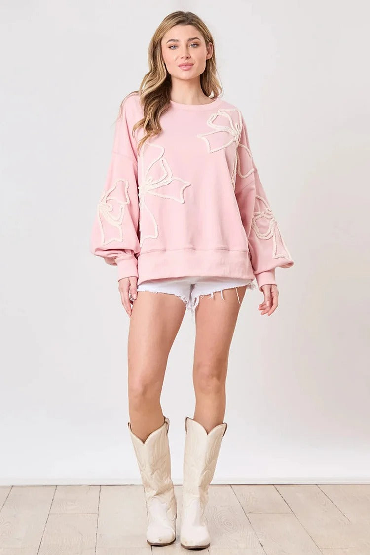Pink Bowknot Lantern Sleeve Sweatshirt - Lily