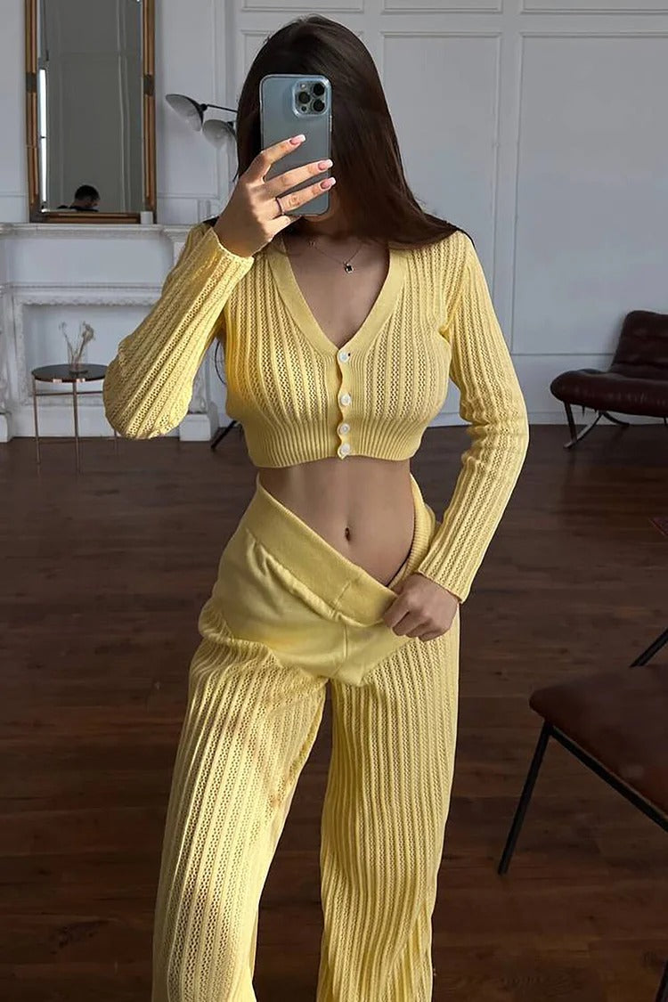 White Pleated Knit V-Neck Crop Sweater & High-Waist Pants Set - Isla