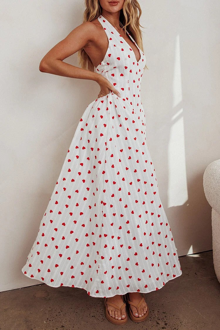 White Heart Print Halter Maxi Dress - Emma