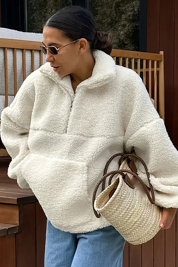 Beige Half-Zip Turndown Collar Fuzzy Top with Pockets - Amelia