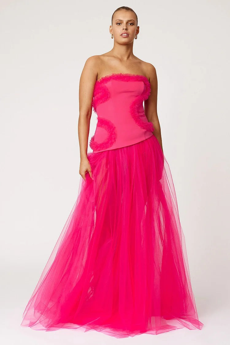 Deep Pink Frilled Tulle Patchwork Gown - Scarlett