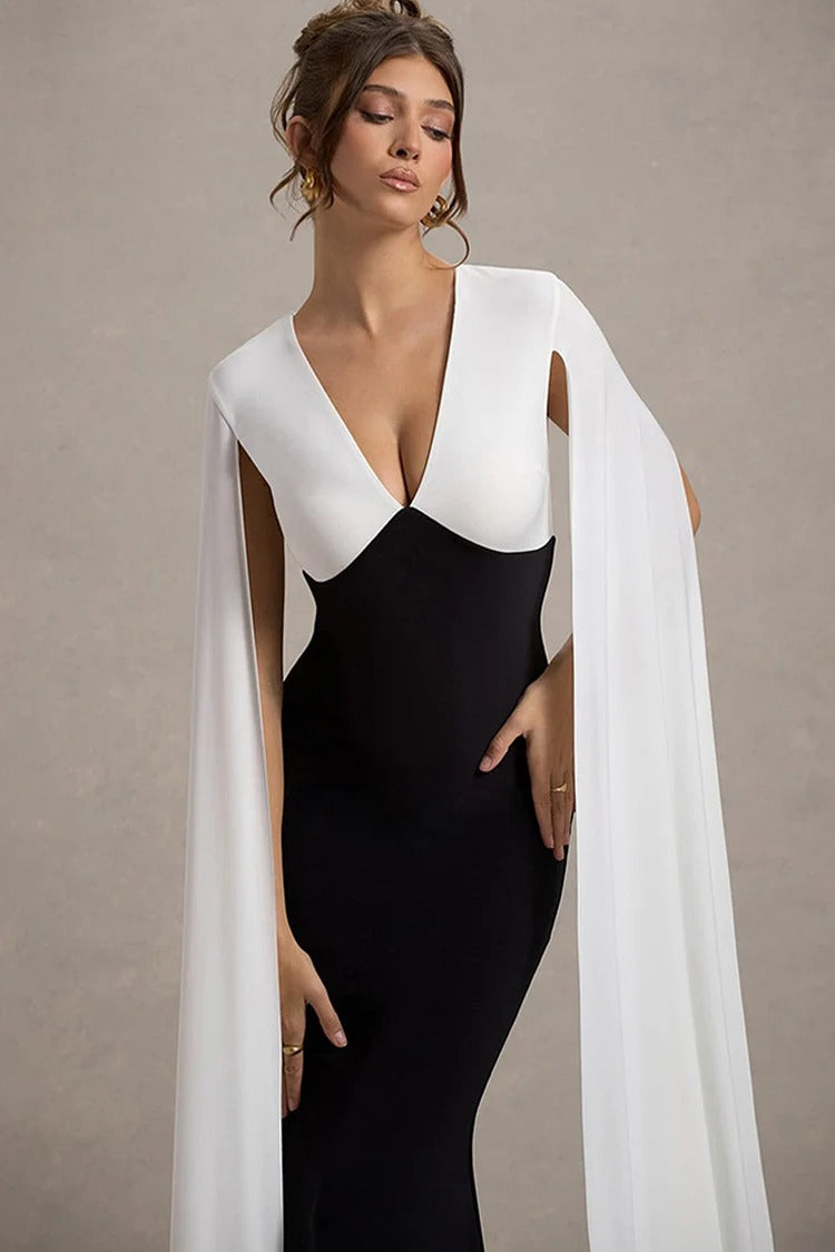 Black V Neck Cape Sleeve Fishtail Colorblock Bodycon Gown - Sophia
