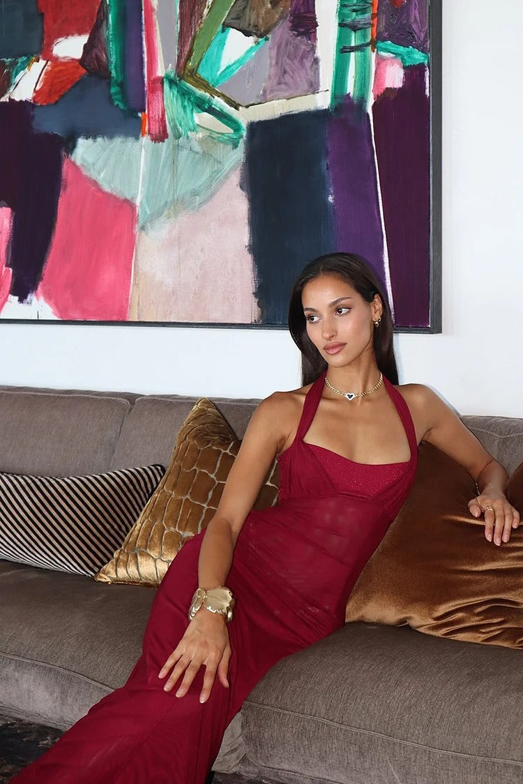 Burgundy Halter Neck Corset Back Maxi Dress - Sophia