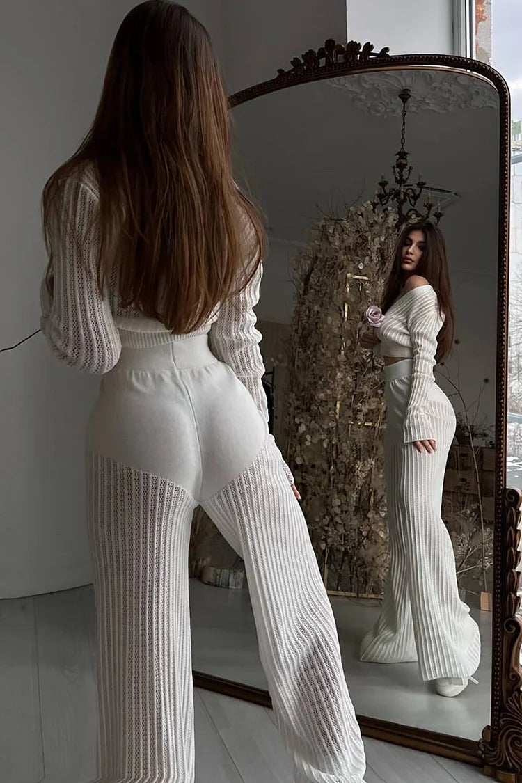 White Pleated Knit V-Neck Crop Sweater & High-Waist Pants Set - Isla