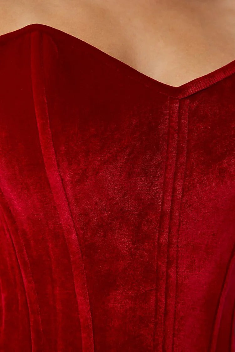 Red Velvet Corset Ruched Strapless Midi - Sophia