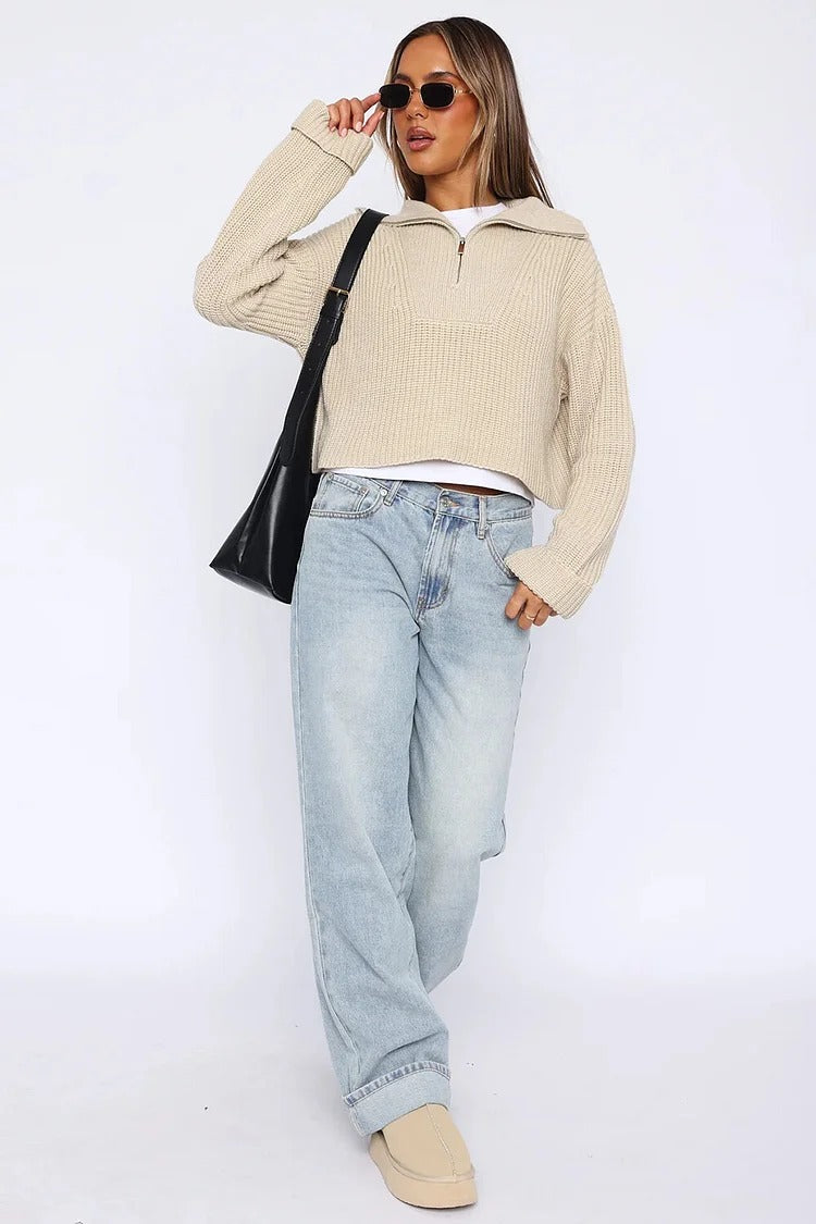 Gray Pleated Knit Zipper Crop Sweater - Ava