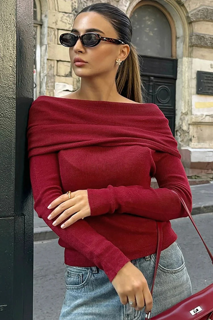 Red Fold-Over Boat Neck Knit Sweater - Clara
