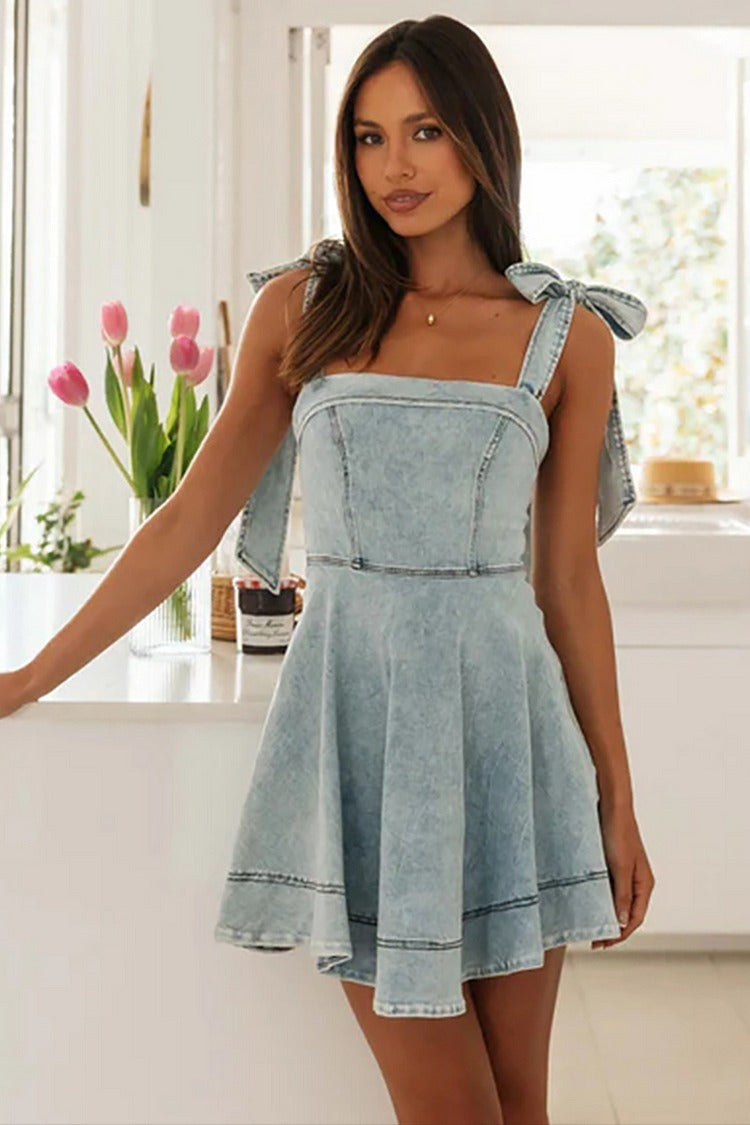 Blue Tied Bow Wide Strap Denim Dress - Emma