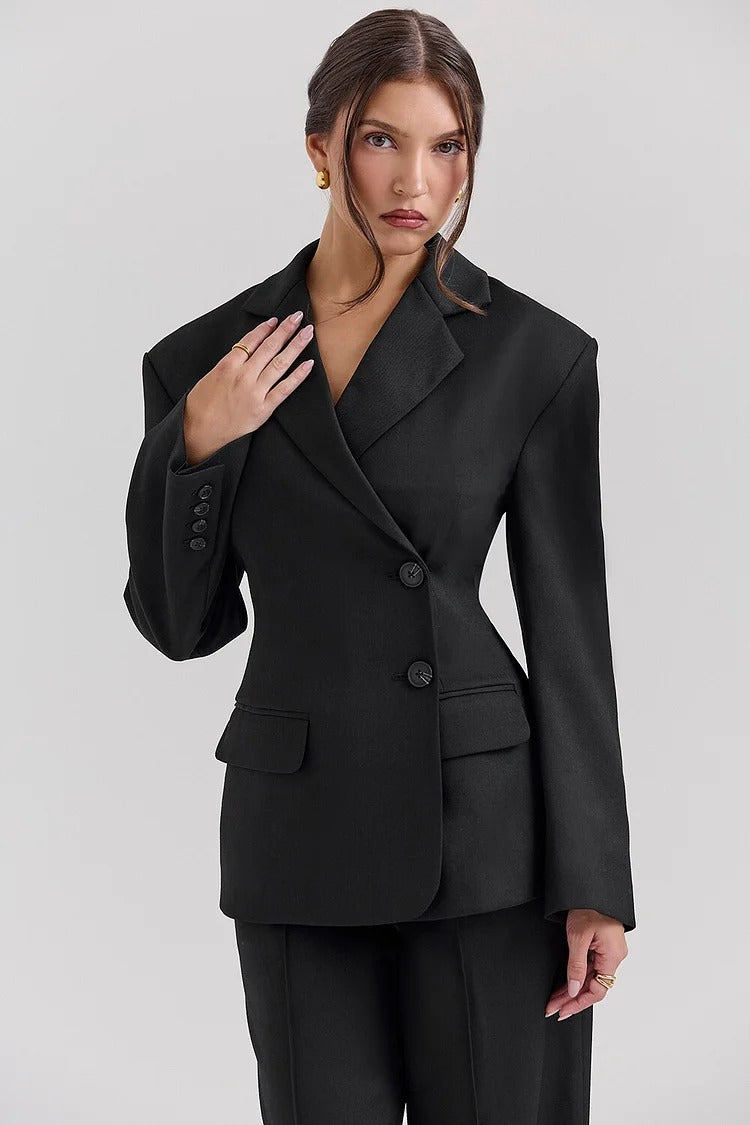 Black Cinched Waist Blazer Set - Olivia
