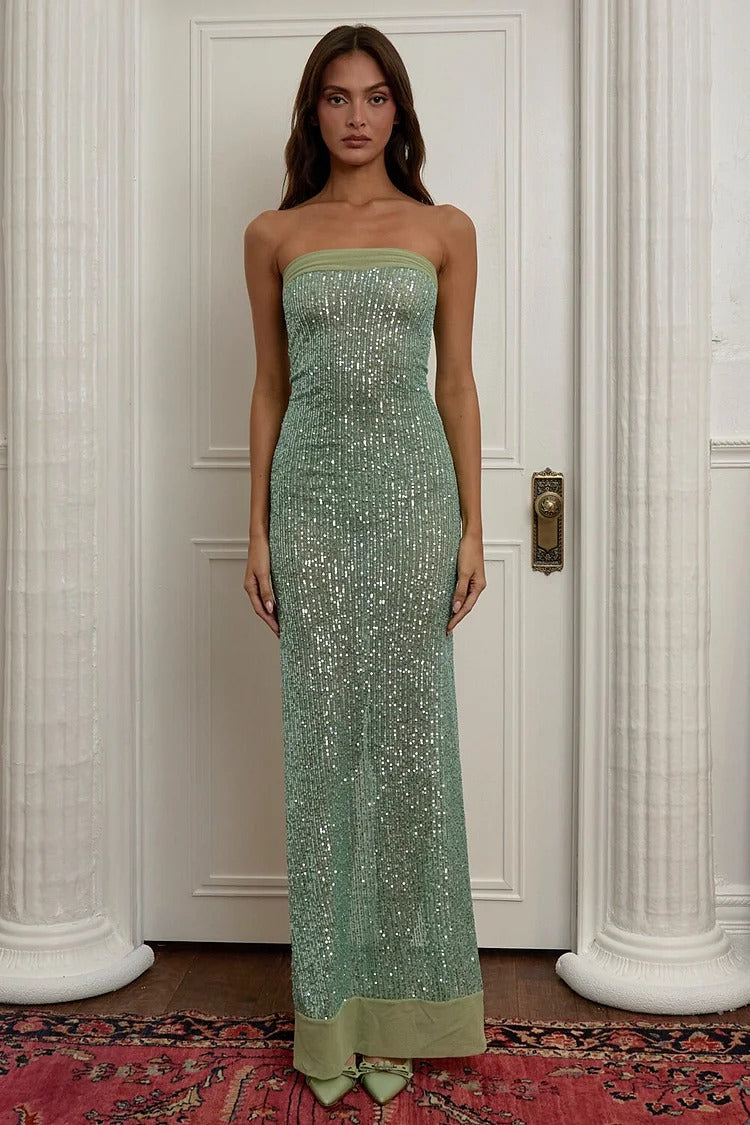 Green Sequin Slit Maxi Dress - Sophia