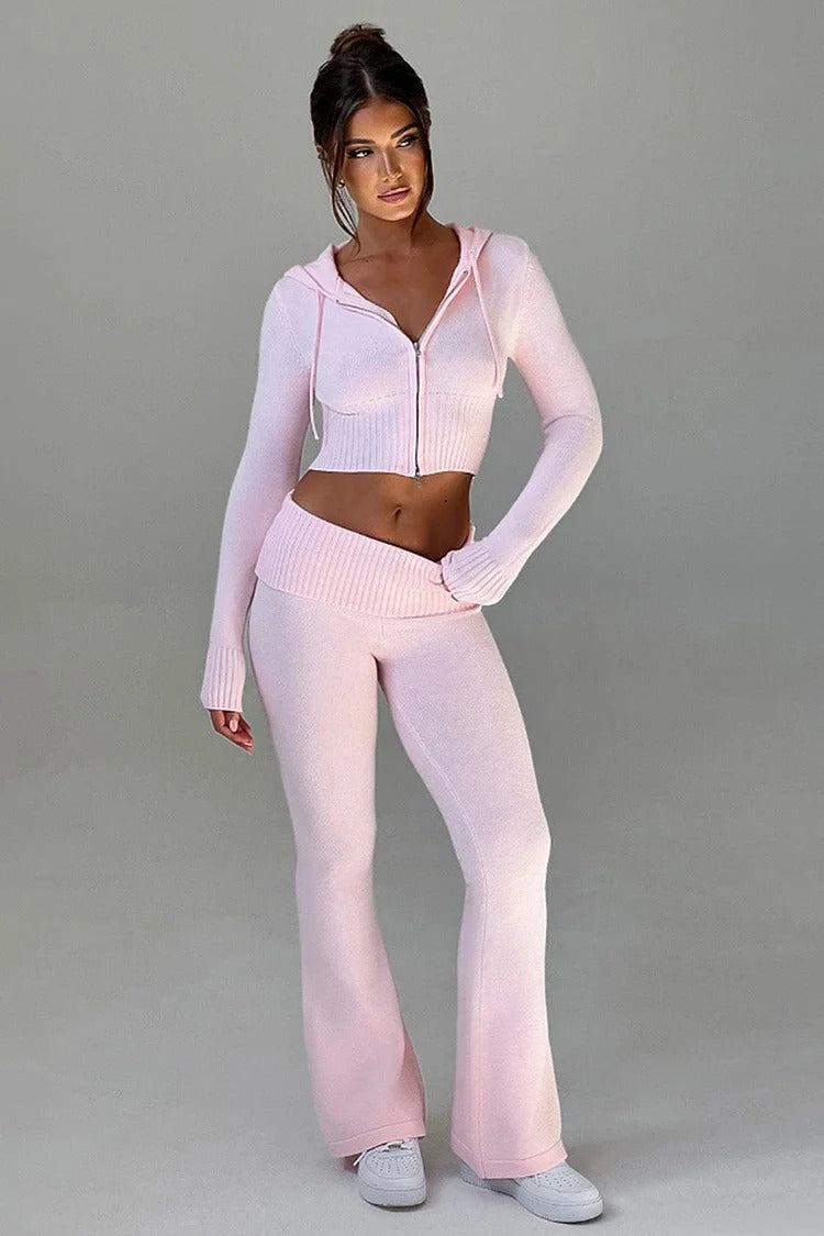 Pink Hooded Knit Crop Set - Ava