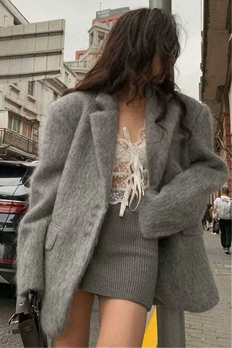 Pink Fuzzy Notch Lapel Blazer - Sophia