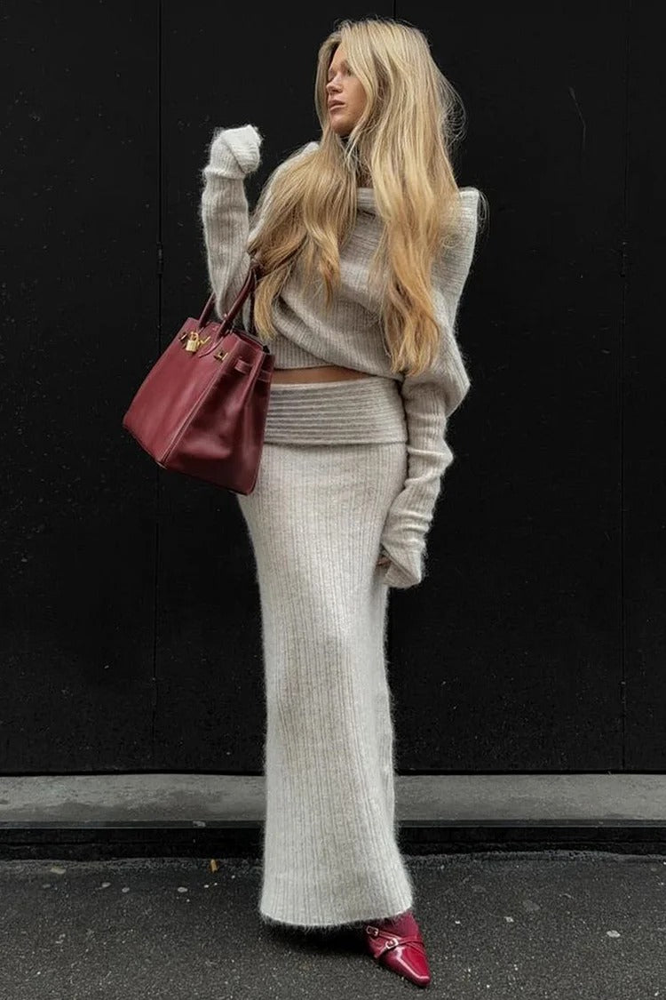 Gray Off-Shoulder Sweater Knit Set - Eva