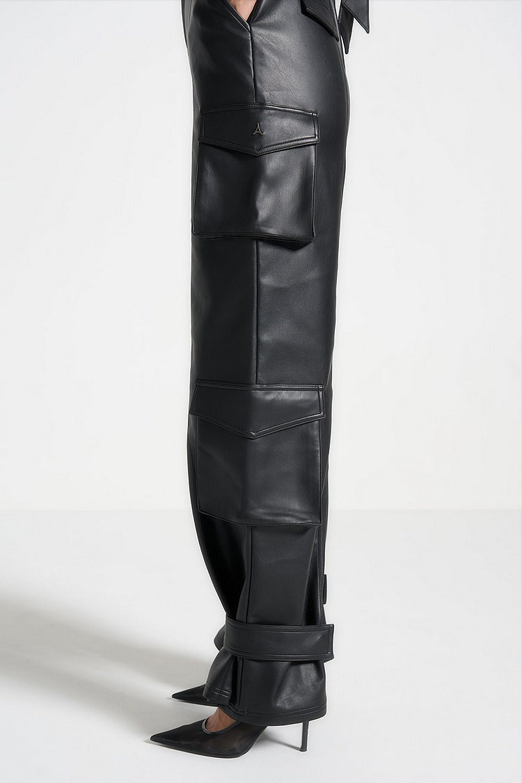 Black PU Leather Cargo Jumpsuit - Zoe
