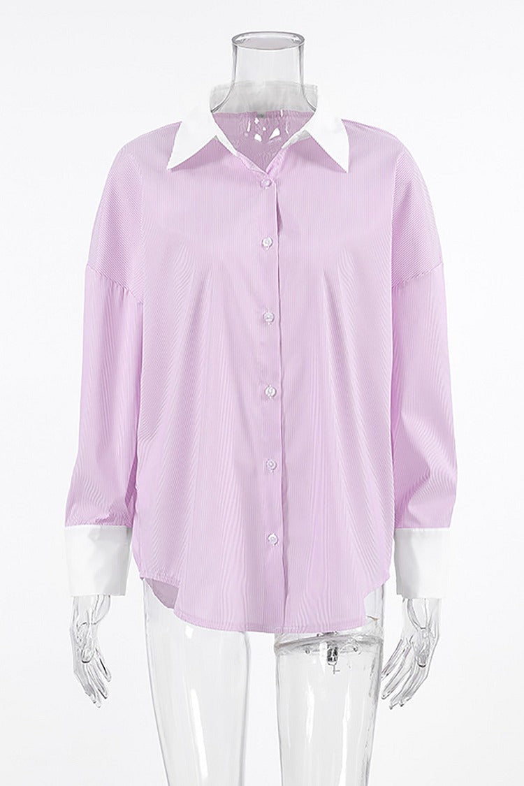 Pink Pinstripe Button-Up Blouse - Emma