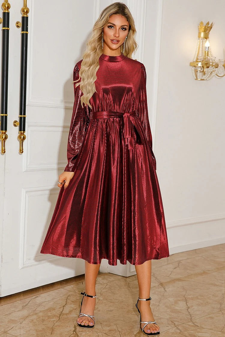 Red Metallic Tie-Up Pleated Midi Dress - Sophia