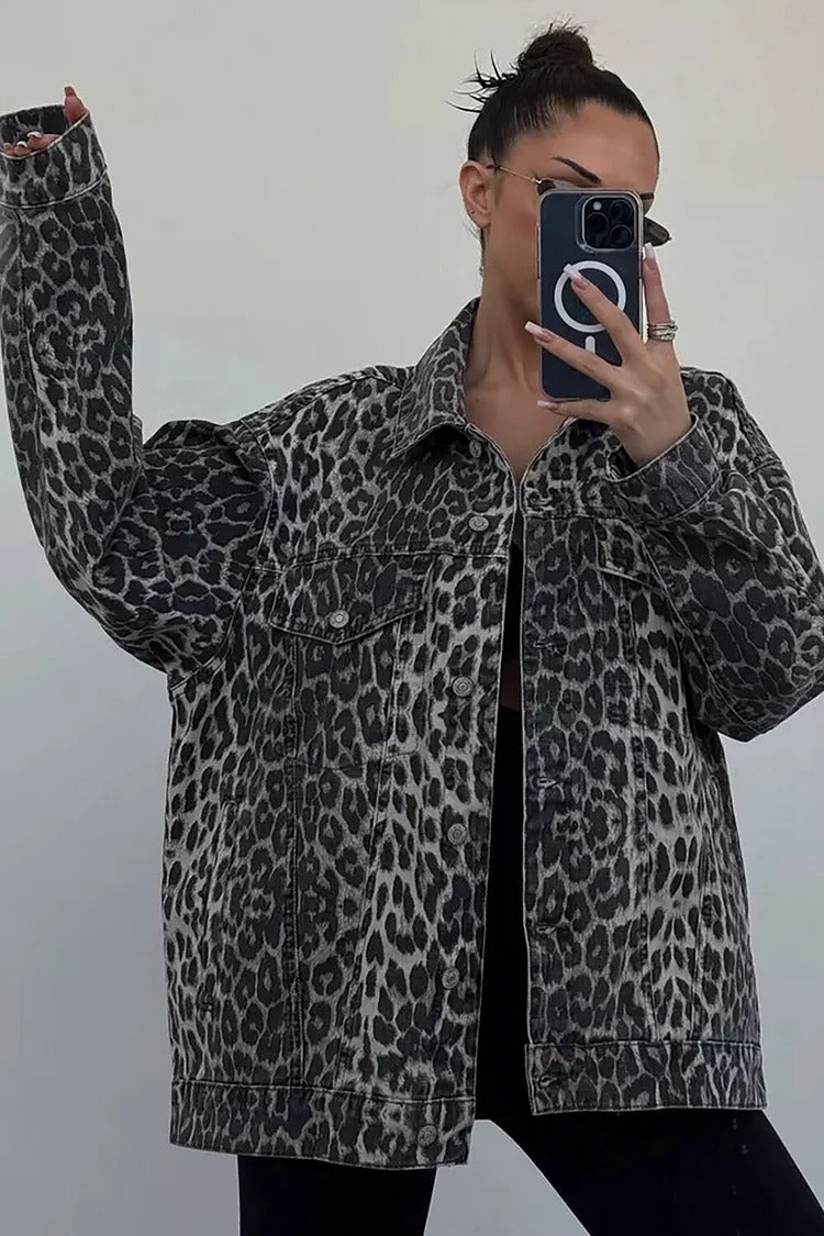 Gray Leopard Denim Jacket - Livia