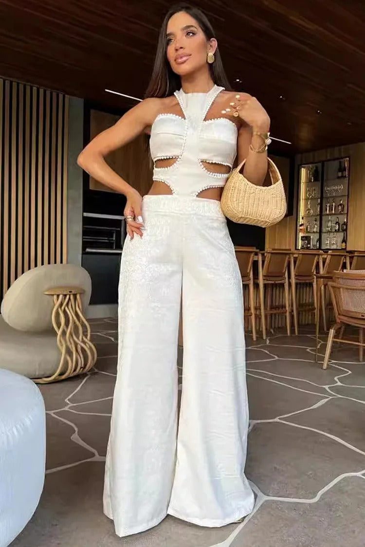 White Cutout Halter Wide-Leg Jumpsuit - Luna