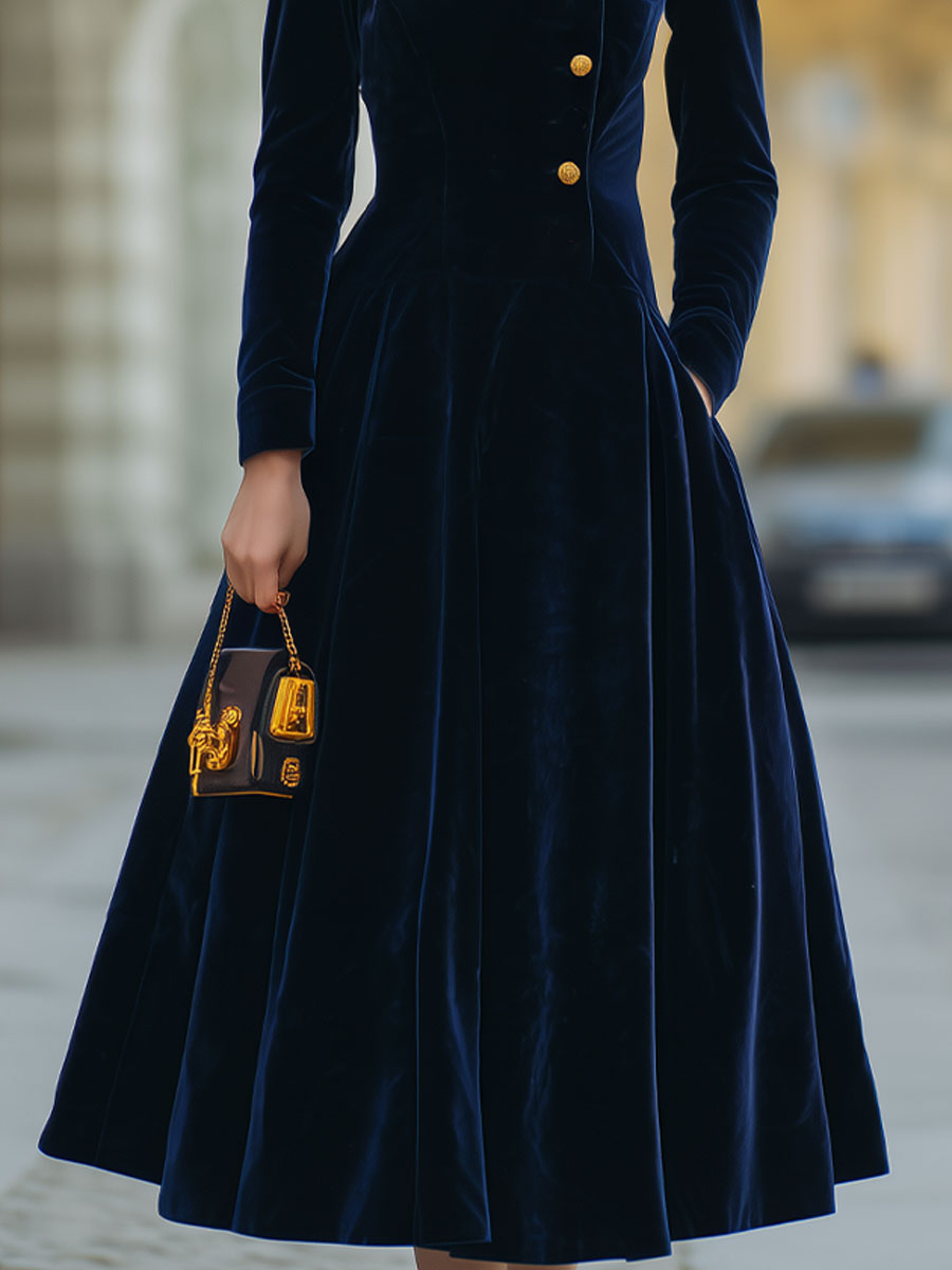 Sloane™ | Velvet A-Line Dress with Gold Details