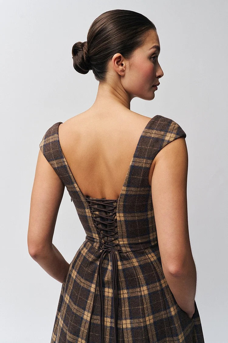 Brown Plaid Pattern A-Line Midi Dress - Sophie