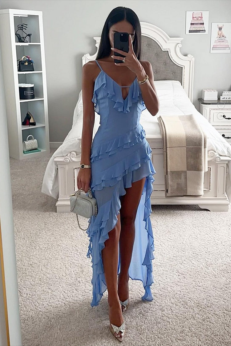 Blue Asymmetric V-Neck Maxi Dress - Ava