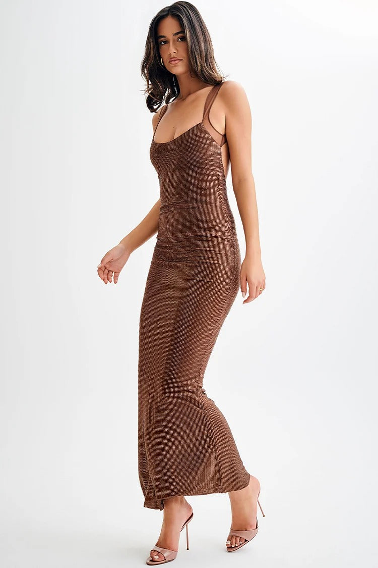 Brown Open-Back Shimmery Maxi Dress - Mia
