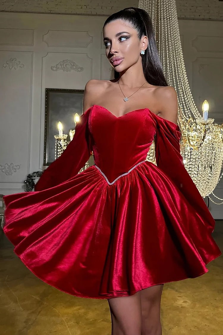 Red Off Shoulder Lantern Sleeve Velvet Corset Dress - Isabella