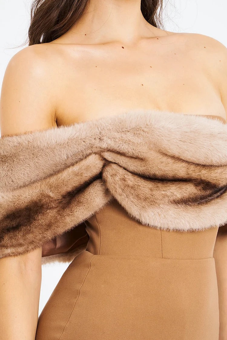 Khaki Faux Fur Off-Shoulder Mini Dress - Mia