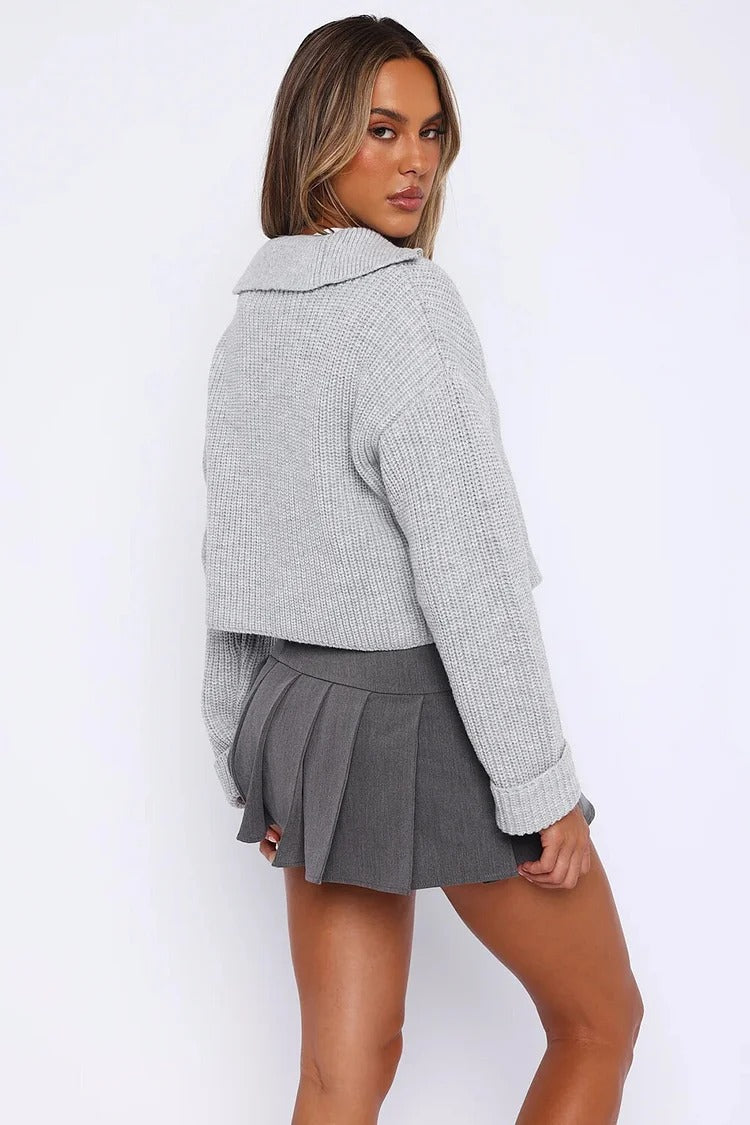 Gray Pleated Knit Zipper Crop Sweater - Ava