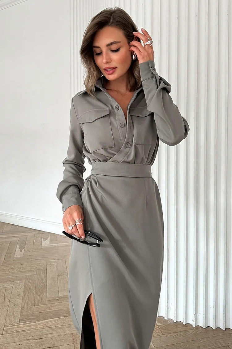 Gray Cinched Waist Midi Shirt - Mia